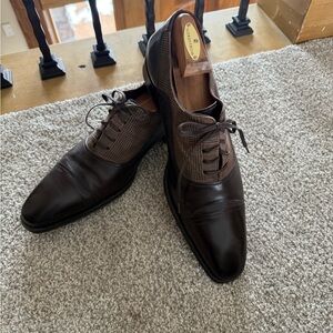 Mezlan Brown Leather Cap-Toe Derby with Checked Fabric Panels
